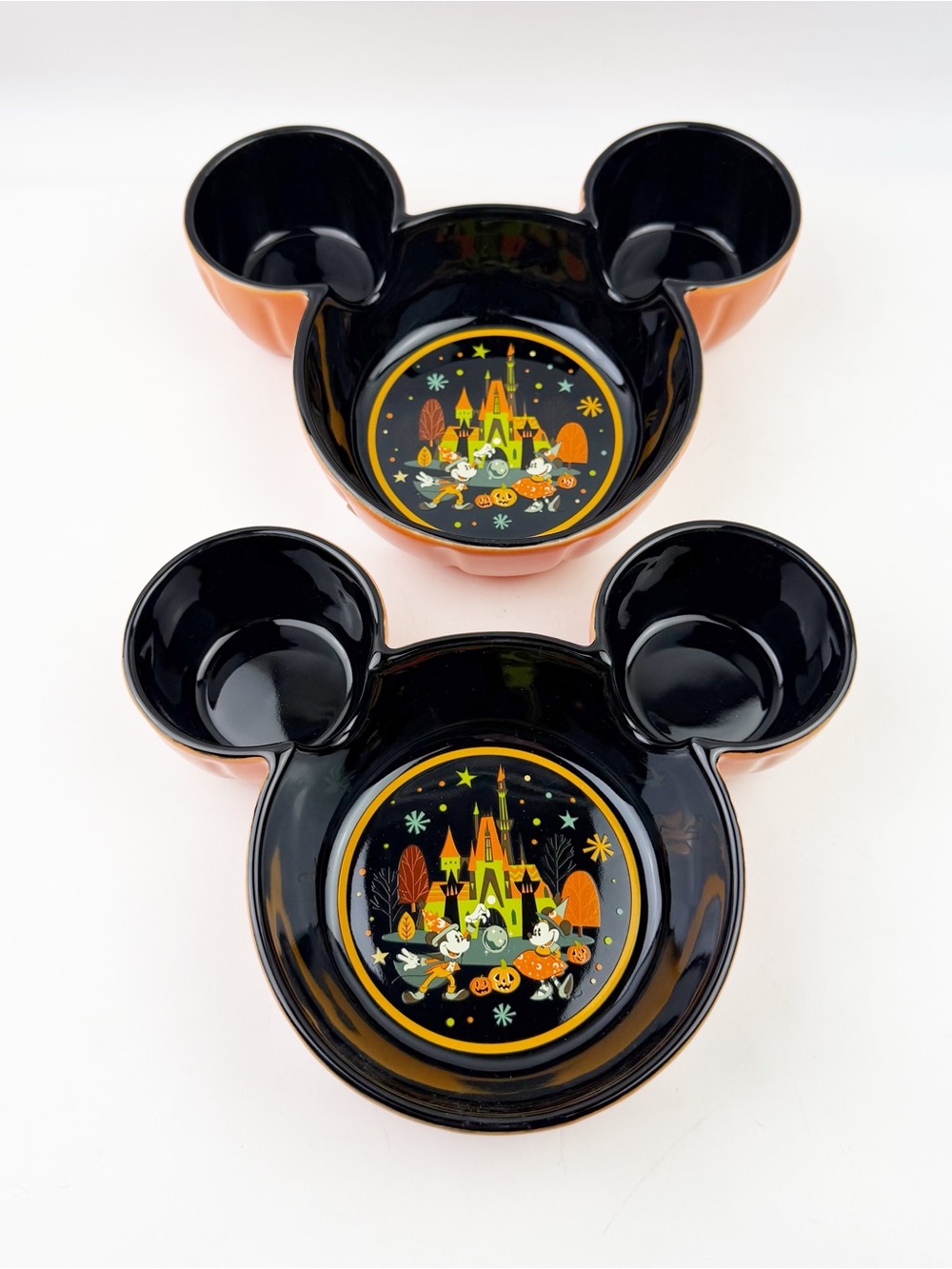 TWO Mickey & Minnie Mouse Disney Parks Halloween Pumpkin Candy Ceramic Dish New